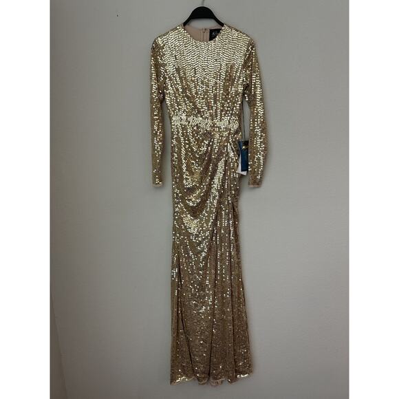 New Mac Duggal Gold Long Sleeve Sequin Embellished 10824 Dress Size 2 - Picture 1 of 12